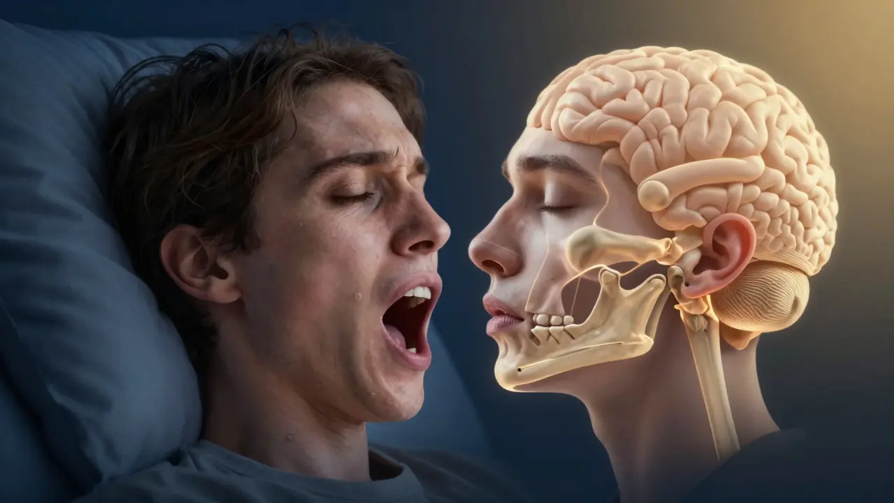 Před a po operaci: pacient s apnoe ve spánku přechází na klidný spánek s opravenou čelistí a lepším dýcháním.