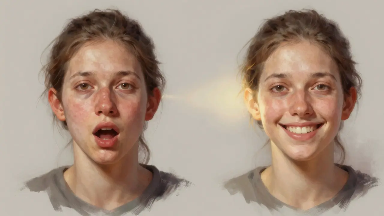 Před a po transformaci obličeje: z nesymetrického a bolestivého ke zdravému a smělému výrazu.