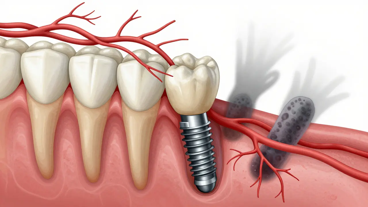 Příčný řez čelistí s implantátem spojeným s kostí, infekce jako tmavé stíny u dásně.