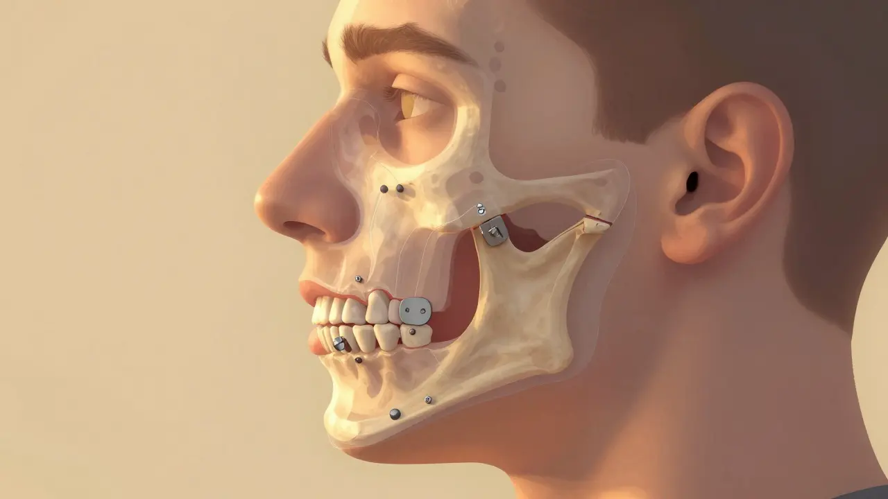 Průhledný profil obličeje s přesunutou čelistí a kovovými deskami, symbolizující zlepšení dýchání.