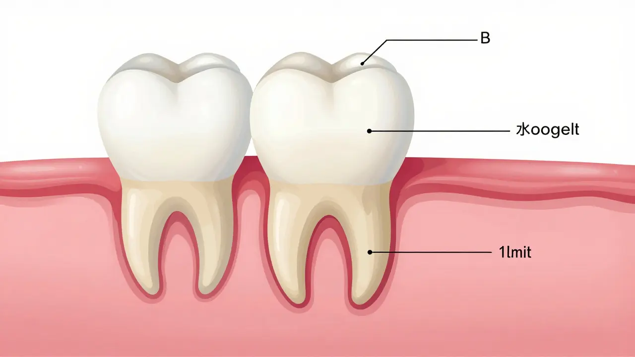 Průřez dítěteho úst s trvalým zubem, který tlačí na mléčný zub.
