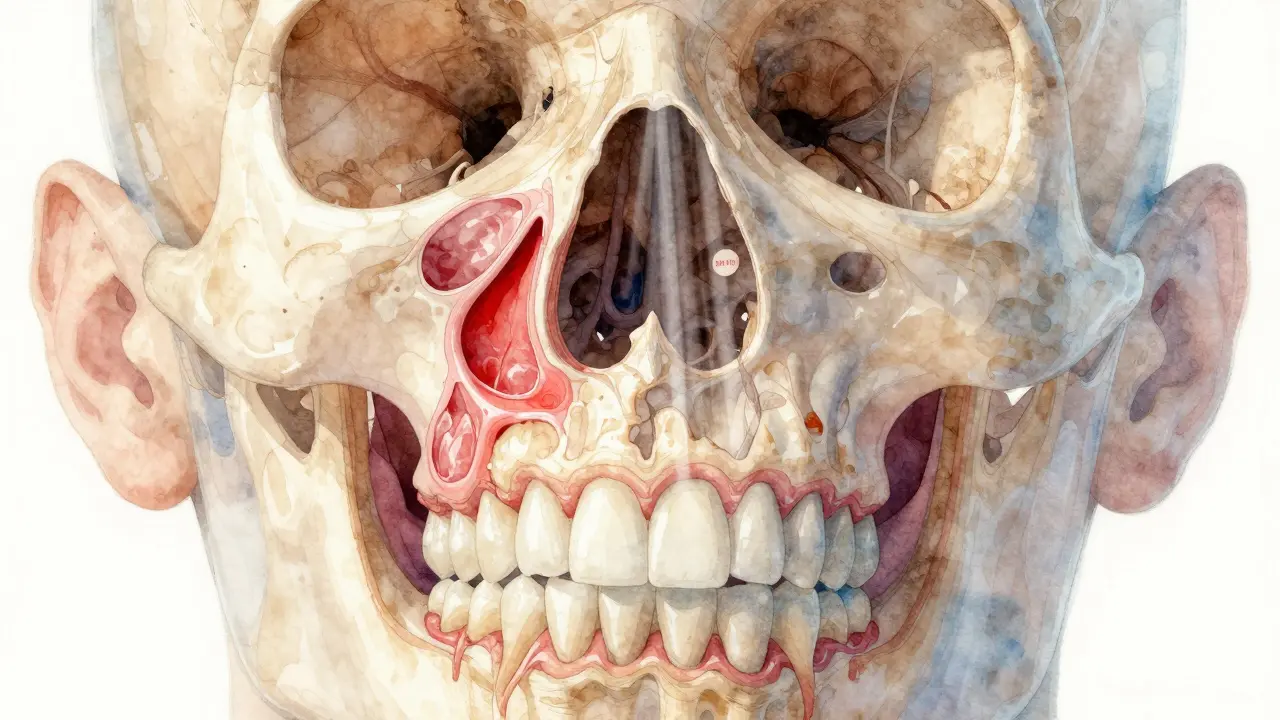 Průřez lebky ukazující zánětlivé sinusy tlačící na kořeny předních zubů.
