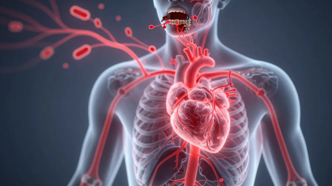 Red pathways spread from mouth to heart, brain and joints, showing inflammation.