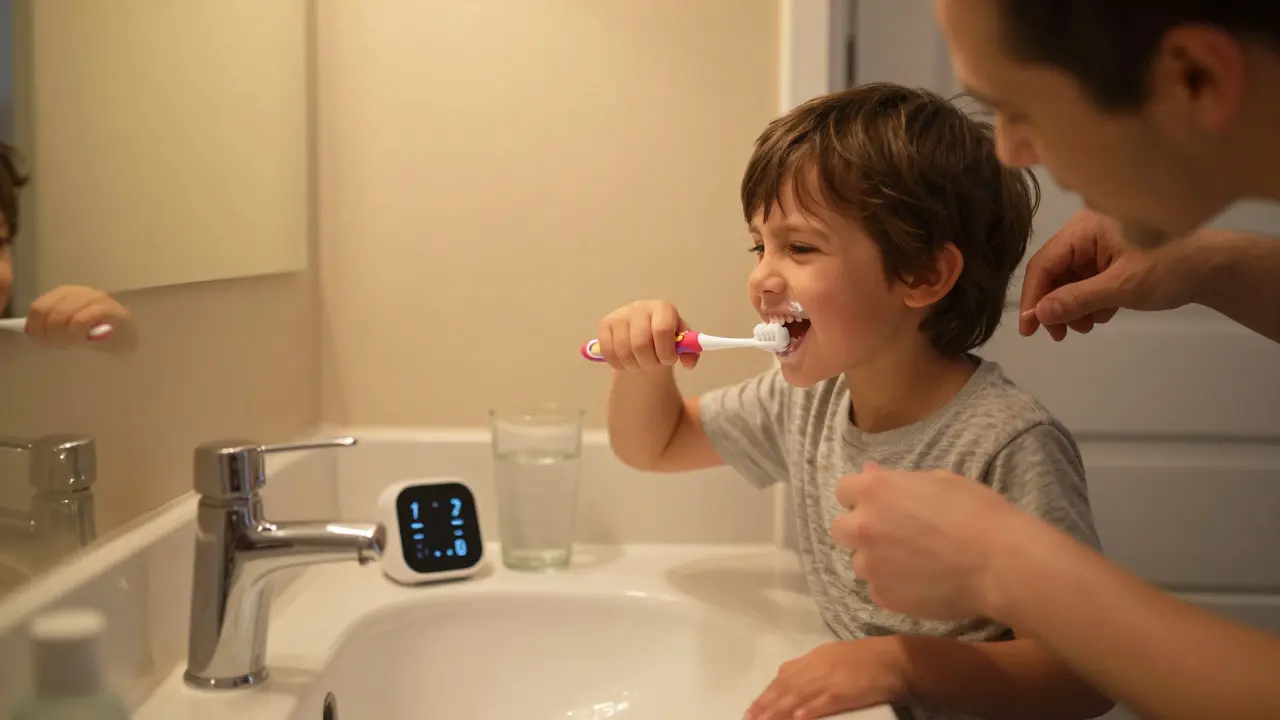 Rodič a dítě společně čistí zuby ve koupelně ve večerním světle.