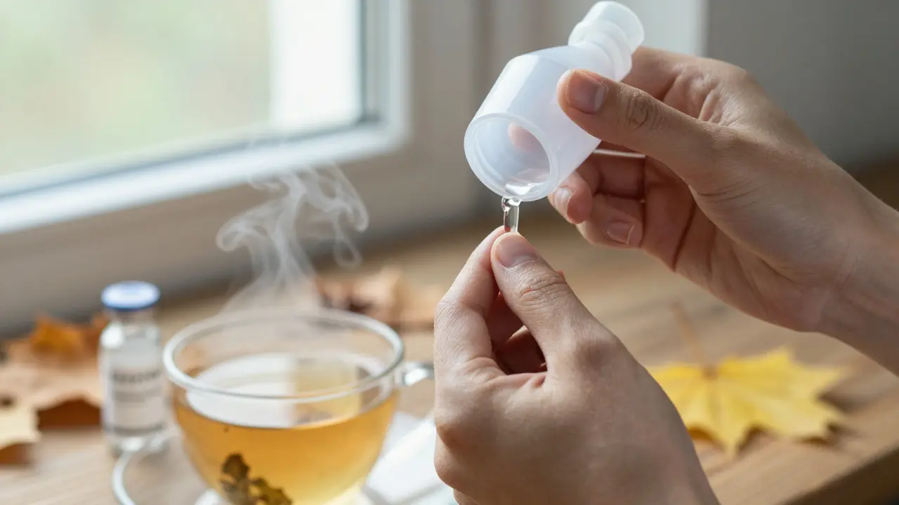 Ruka s nádobkou Neti nalévající solný roztok do nosu, vedle ní ruka na zubech.