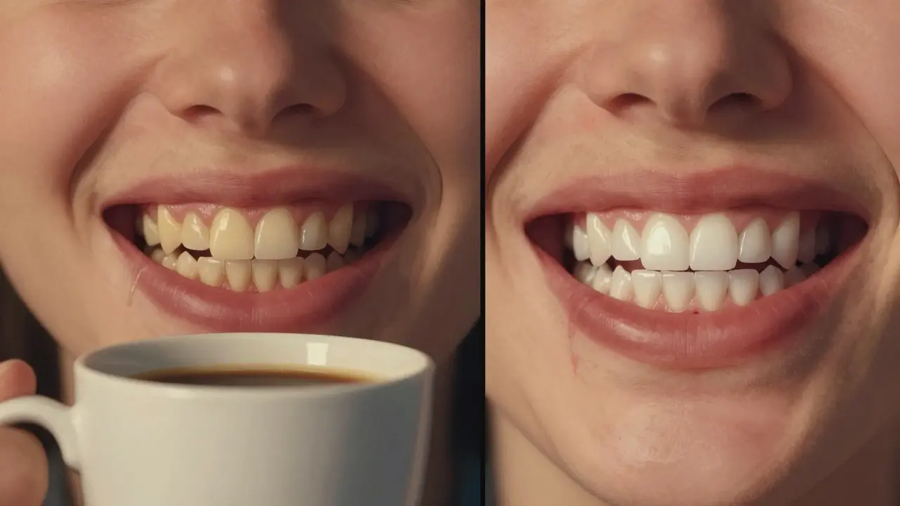 Srovnání zubů před a po bělení s mírným zarudnutím dásní.