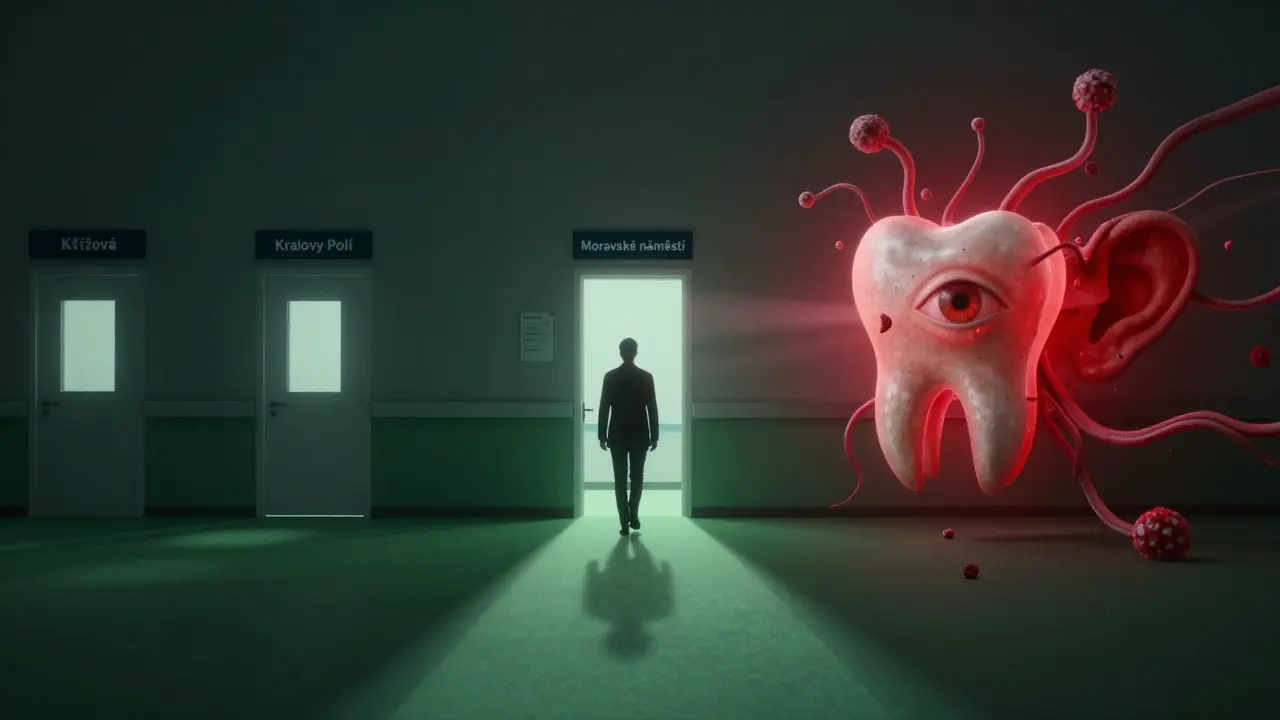Symbolický obraz infekce zubu s cestou k třem pohotovostním klinikám.