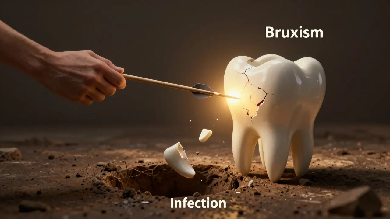 Symbolický obraz zubu jako hrnku, který se rozbíjí pod tlakem bruxismu.