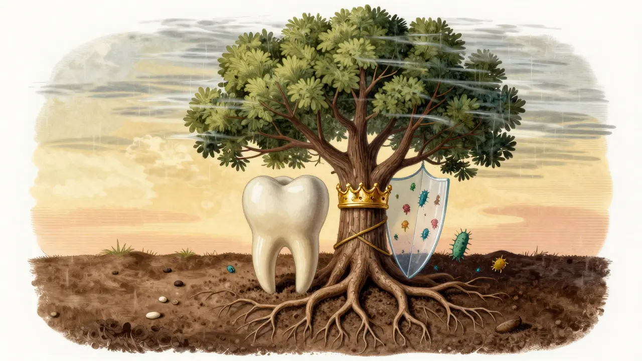 Symbolický obrázek zubu jako stromu s korunou a chráněnými kořeny.