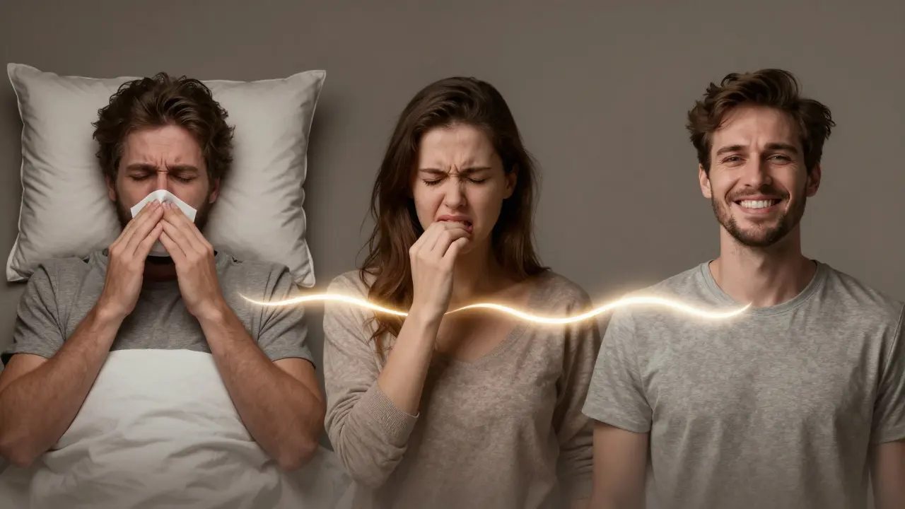 Tři lidé před a po operaci: spánek, bolest a úsměv — znázorňující obnovenou funkci obličeje.