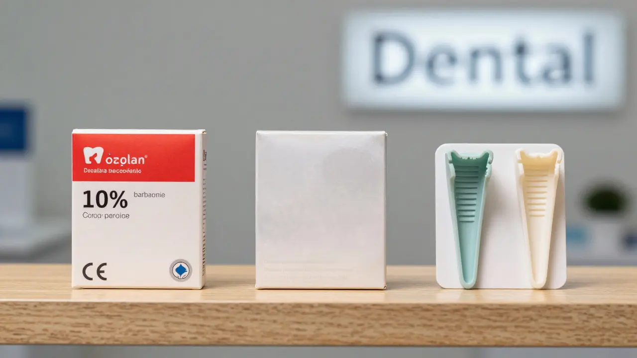 Tři sady na bělení zubů na polici: jedna s jasným označením koncentrace a certifikací, druhá bez informací, třetí s nevhodnými formami.