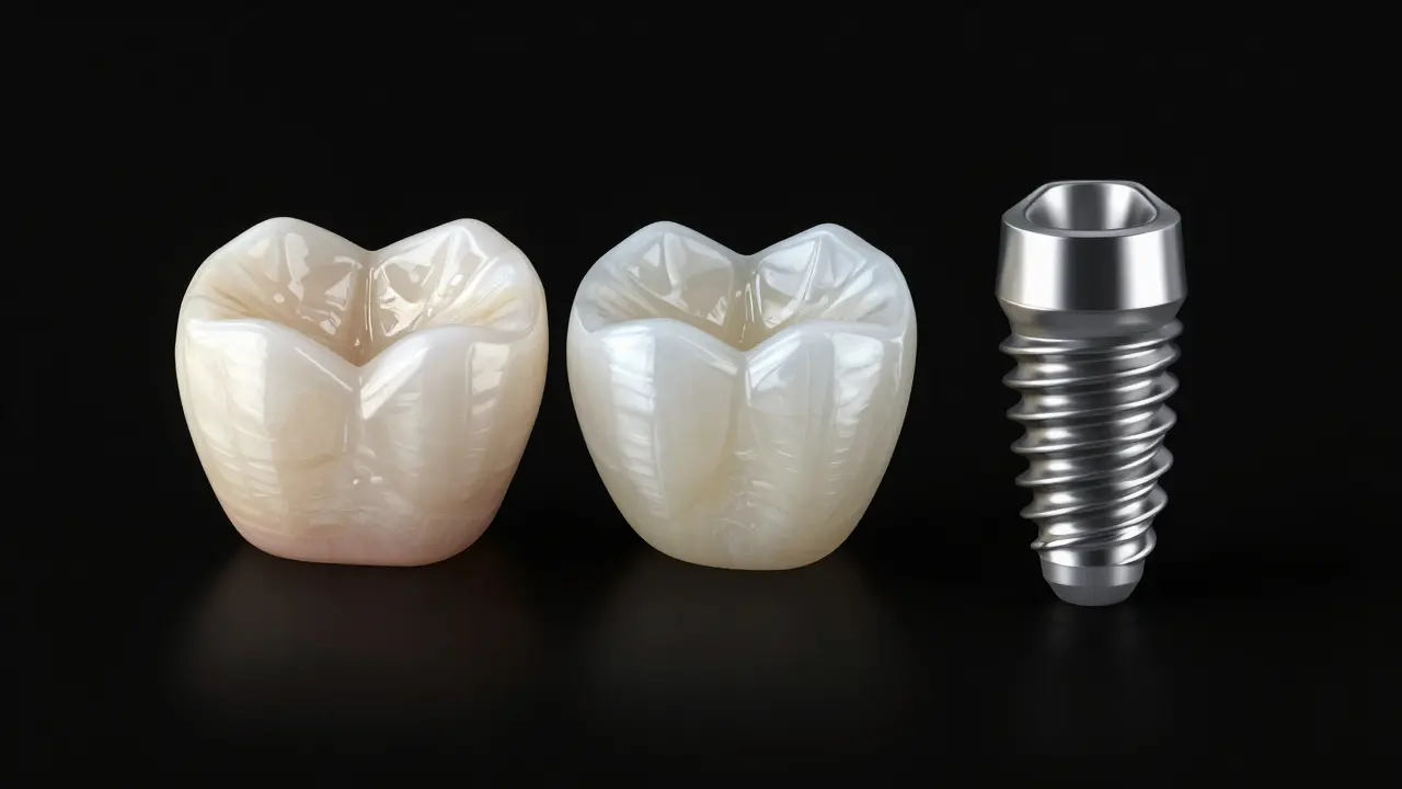 Tři typy keramických zubních náhrad: zirkoniová korunka, disilikátová korunka a hybridní implantát na černém pozadí.