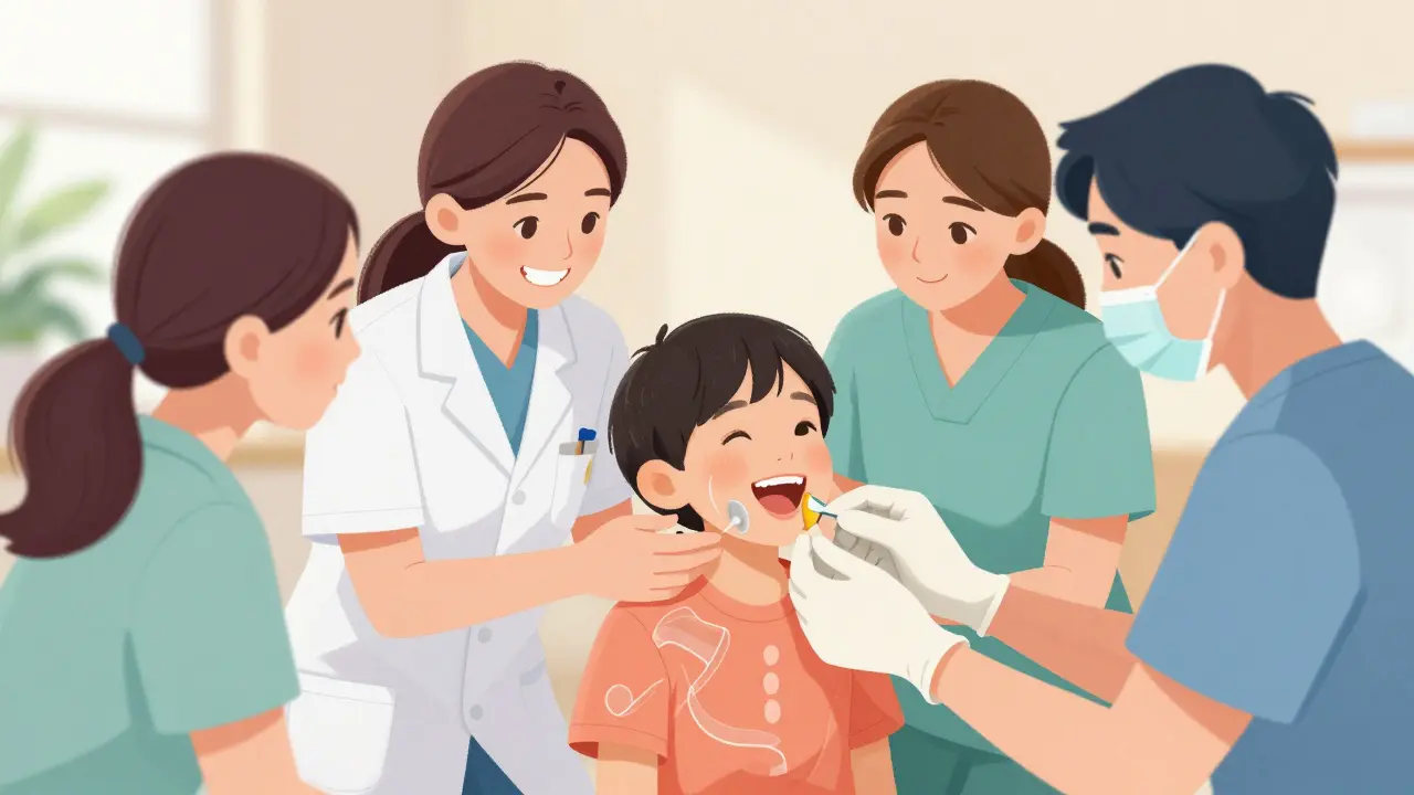 Tým specialistů pomáhá dítěti s štěrbinou patra během komplexní léčby s logopedem, audiologem a chirurgem.