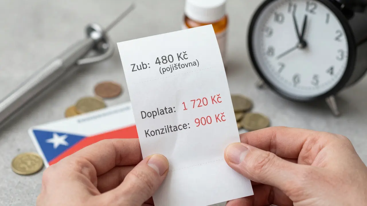 Účet za zubní pohotovost s rozdělením nákladů mezi pojišťovnu a pacienta.