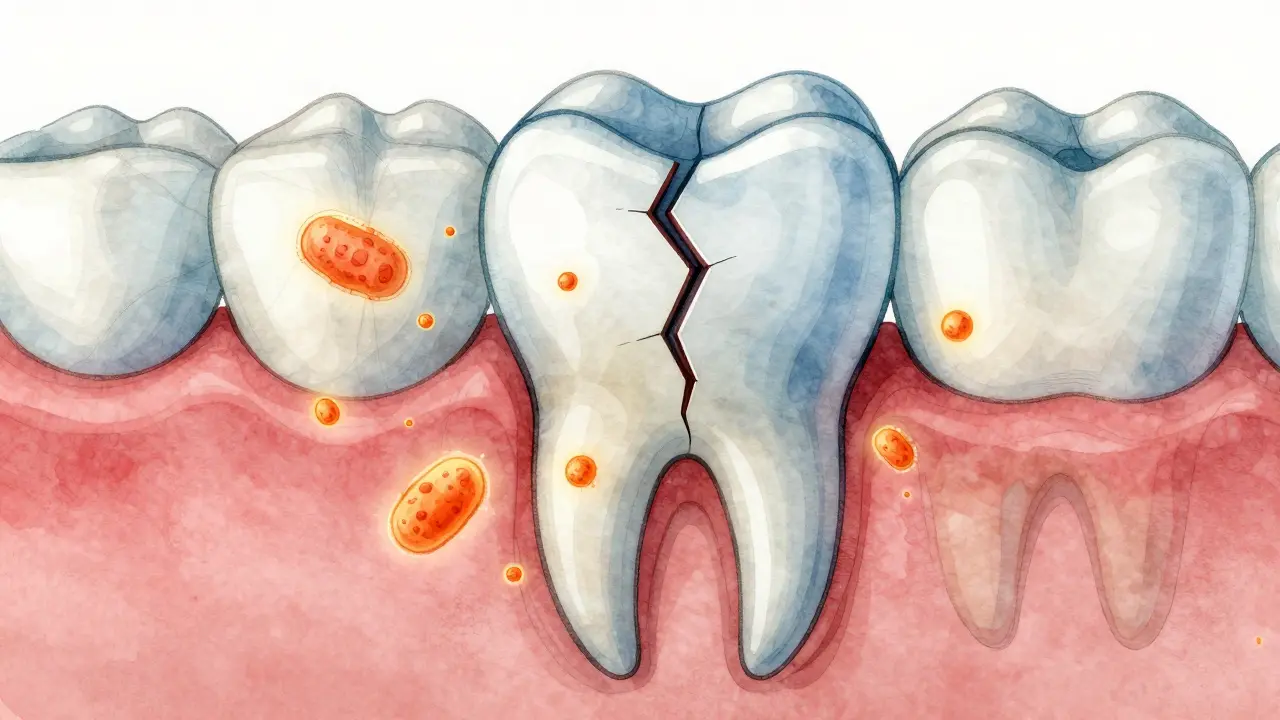 Vnitřní průběh praskliny v zubu s bakteriemi pronikajícími do dentinu.