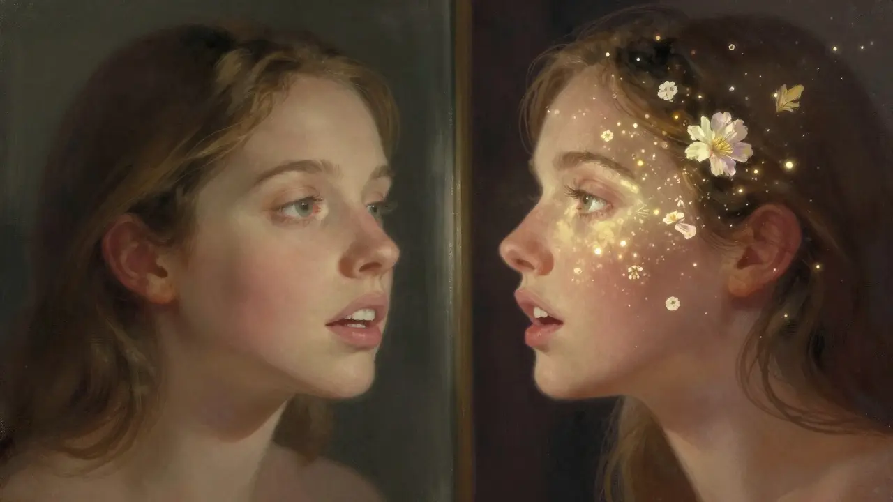 Zrcadlo odrazující dva úsměvy: přirozený s mezerou a dokonalý bez ní, symbolický kontrast.