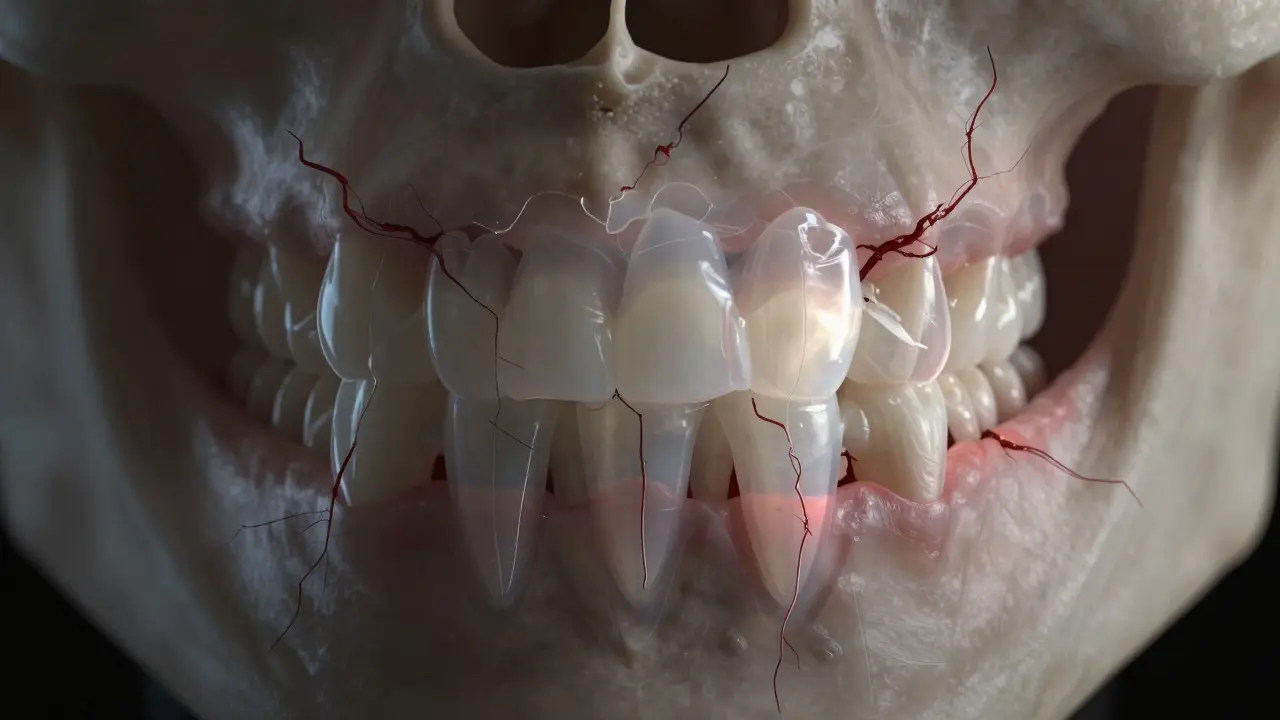 Ztráta kosti kolem zubu s viditelným zánětem a rozpadem struktury.