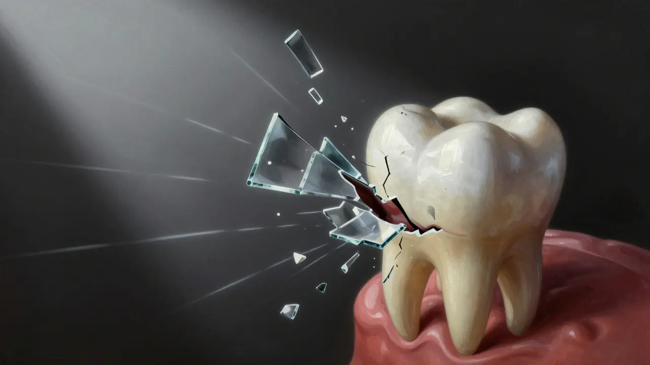 Zub s rozšiřující se prasklinou při kousnutí do ledu, symbolizující křehkost skloviny.