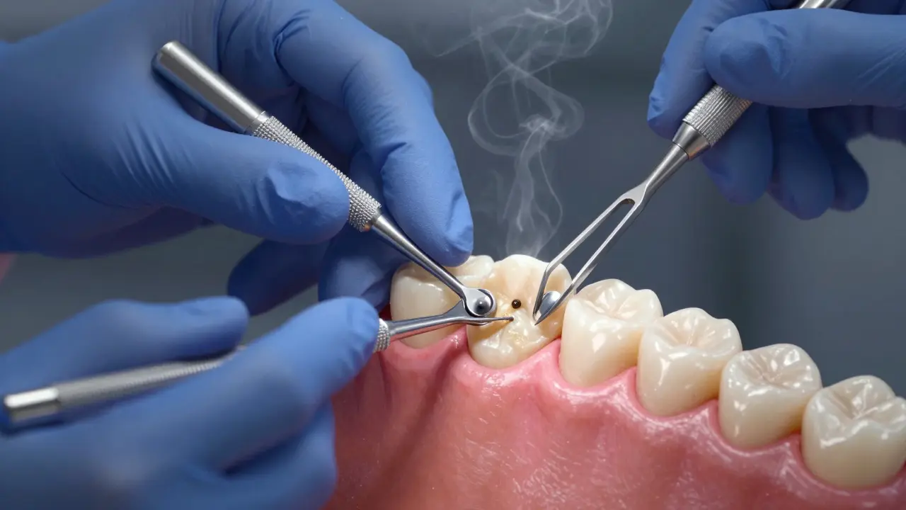 Zubař provádí kyretáž pod dásní pomocí speciálních nástrojů.