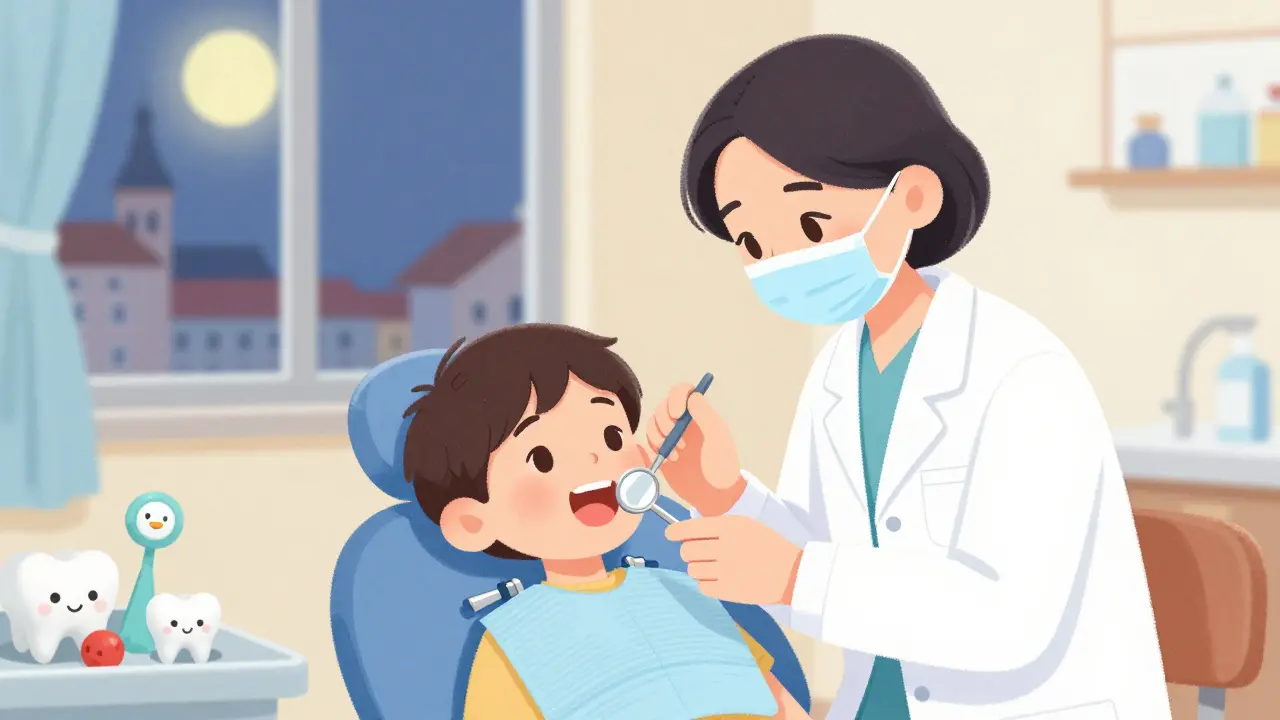 Zubní lékař vyšetřuje dítě v barevné, přívětivé klinice.