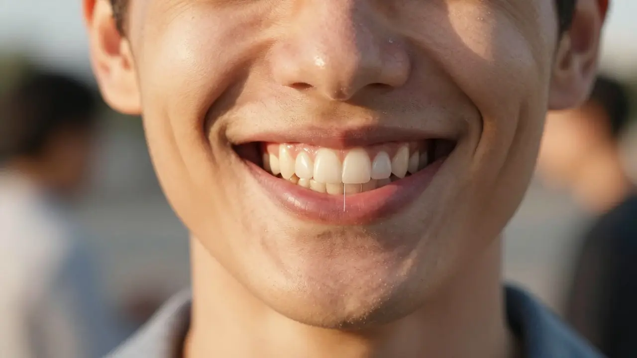 A person smiling confidently with perfect teeth, one showing a hidden ceramic veneer overlay.
