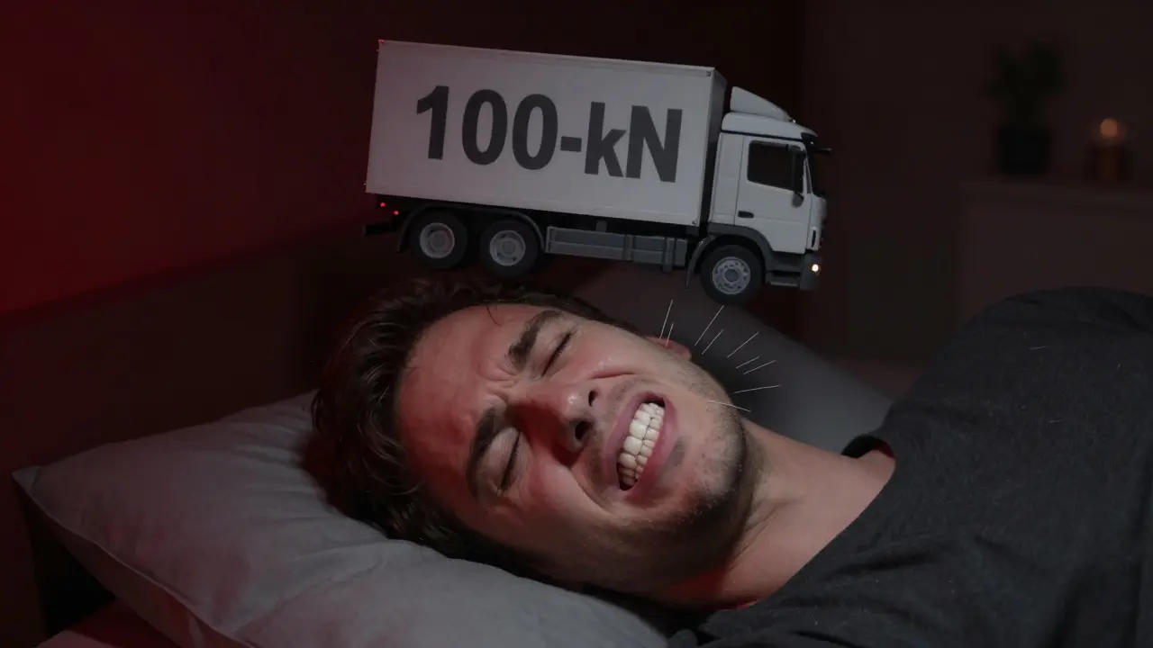 Broušení zubů v noci s tlakem ekvivalentním nákladnímu autu