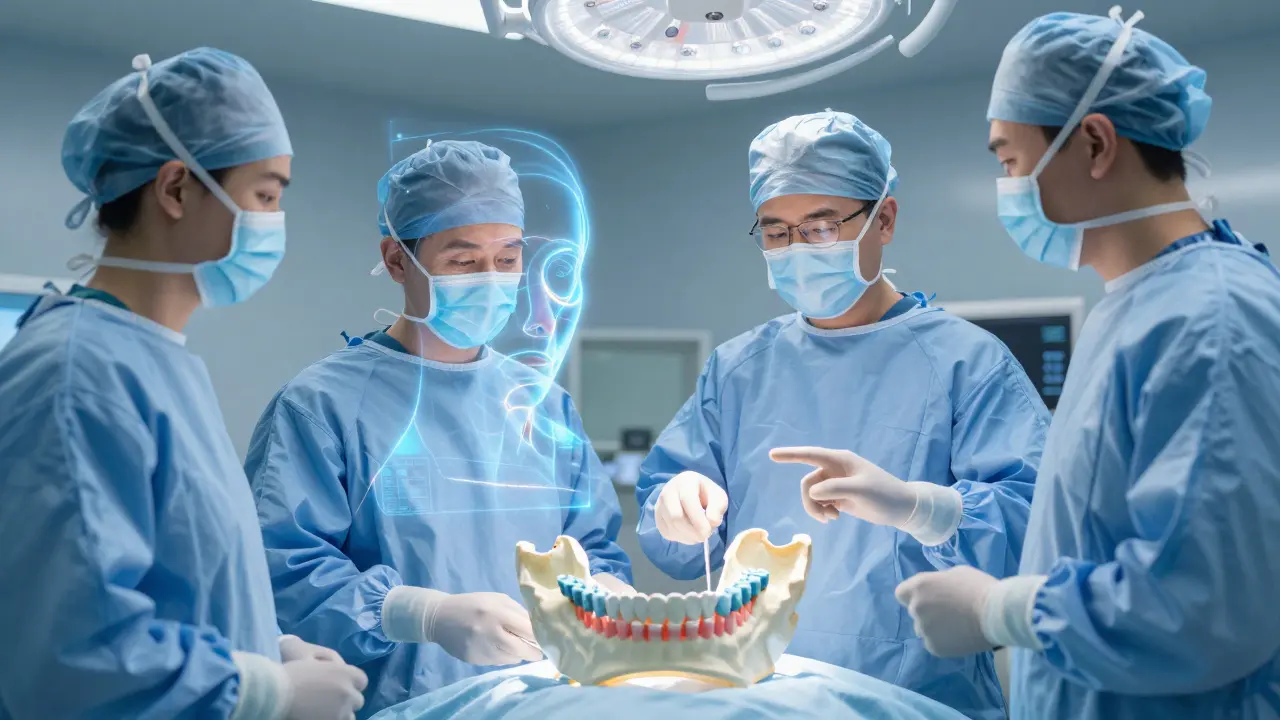 Chirurgický tým analyzuje 3D tisknutý model čelisti s digitálními překryvy pro operaci.