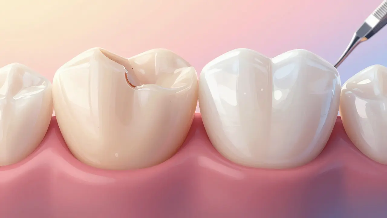 Comparison of a damaged front tooth and the same tooth restored with a natural-looking ceramic veneer.