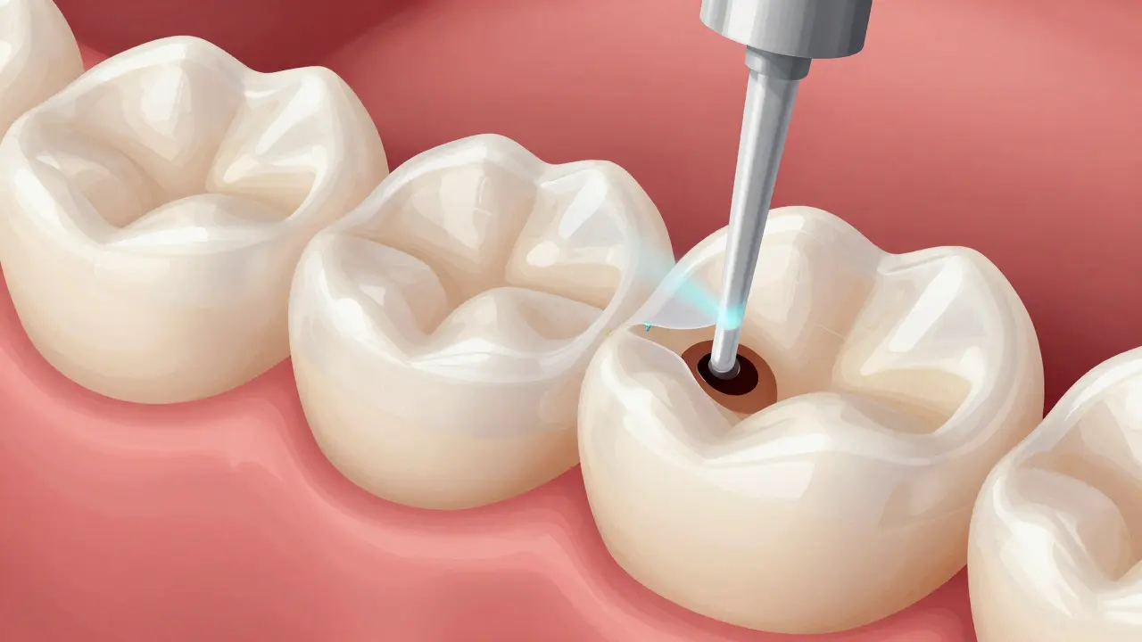 Cross-section of a tooth being restored with layered composite resin under LED light.