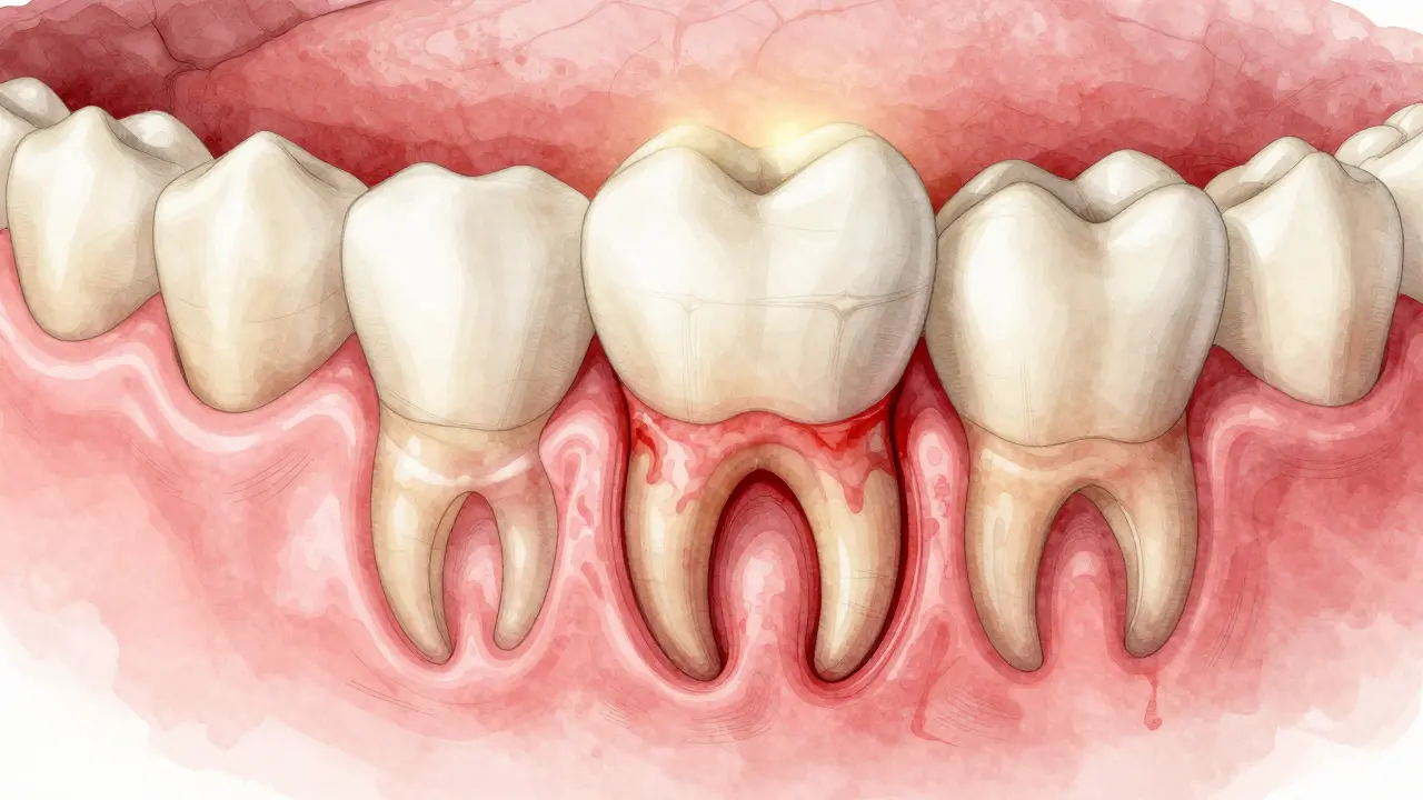 Cross-section of jaw showing gum tissue healing and reattaching to tooth root after treatment.