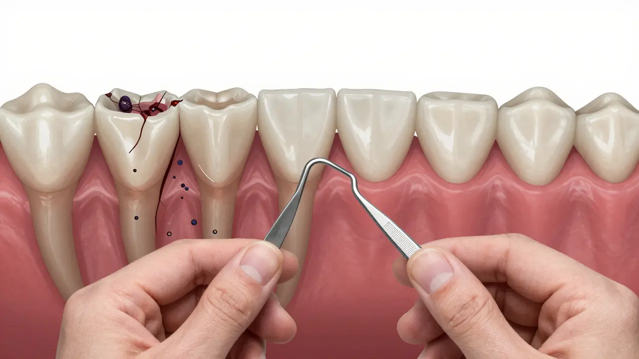 Dental probe measuring deep gum pocket with contrasting images of disease and recovery.