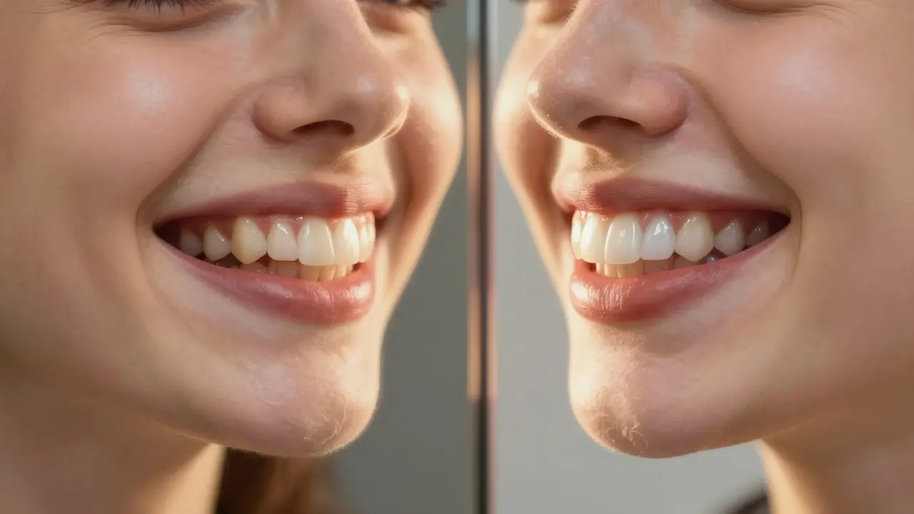 Dvě verze úsměvu: přirozený vs. vylepšený veneery, zobrazené v zrcadle.