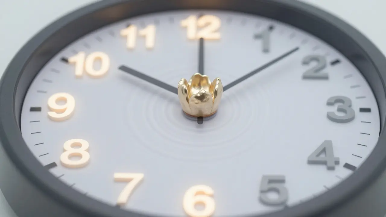 Hodiny s dny 1–7 nad zubní šíří, první tři dny svítí, e-max korunka v centru – symbolizuje rychlé hojení.