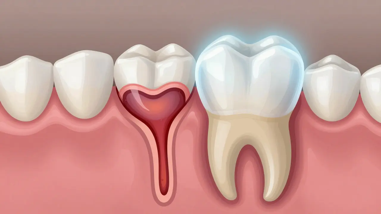 Křížový řez zubu: poškozený nerv vs. zdravý kořen s tenkou e-max korunkou, jemné osvětlení keramiky.
