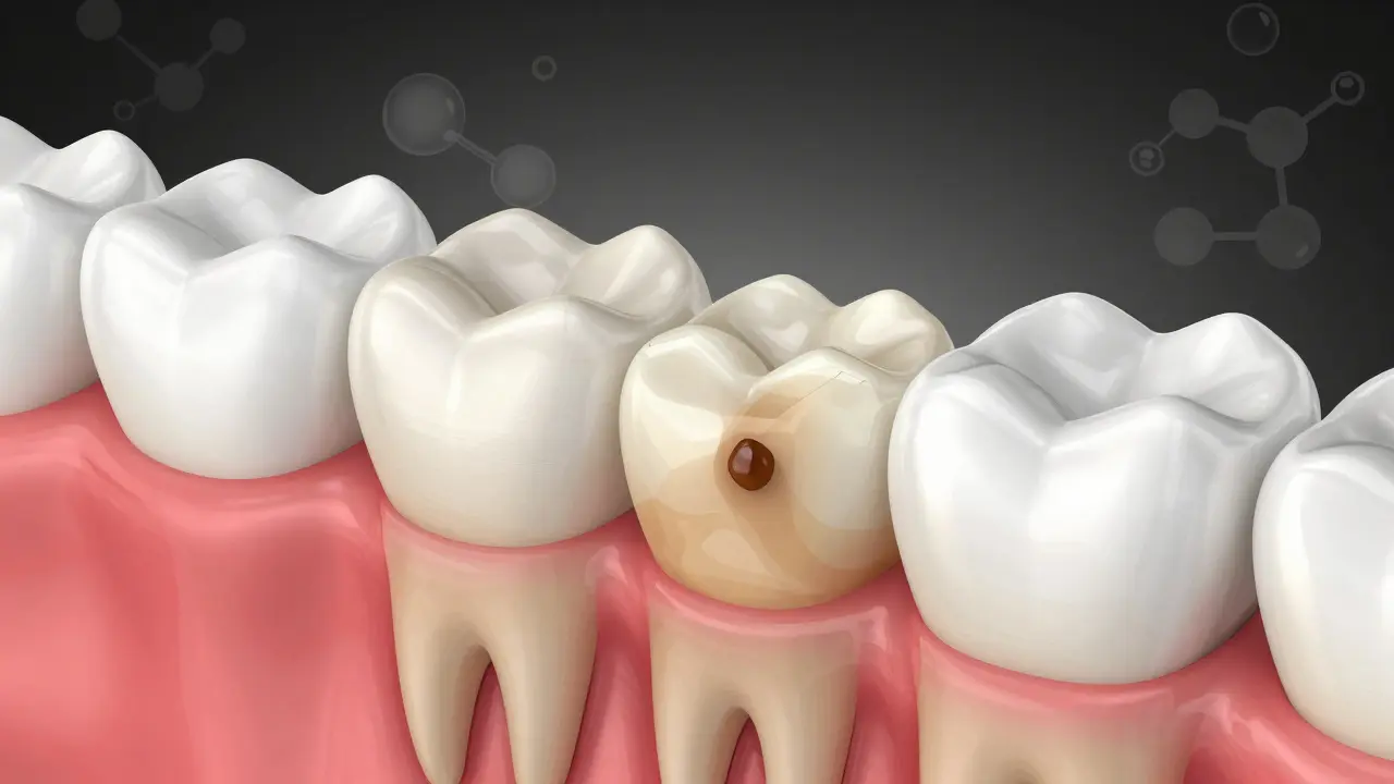 Křížový řez zubu ukazující, jak gel Redon proniká do skloviny a odstraňuje skvrny.