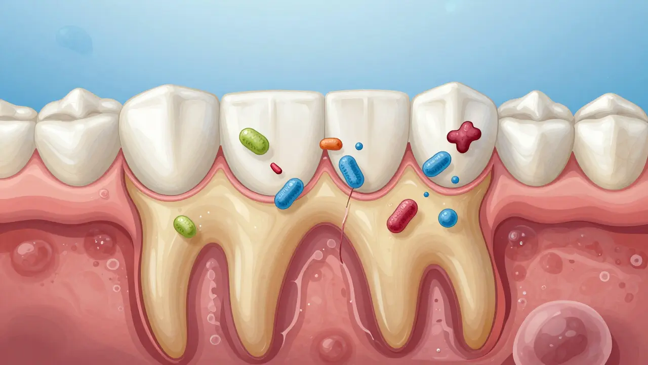 Mikroskopický pohled na bakterie a kyselinu ničící sklovinku zubu mezi zuby.