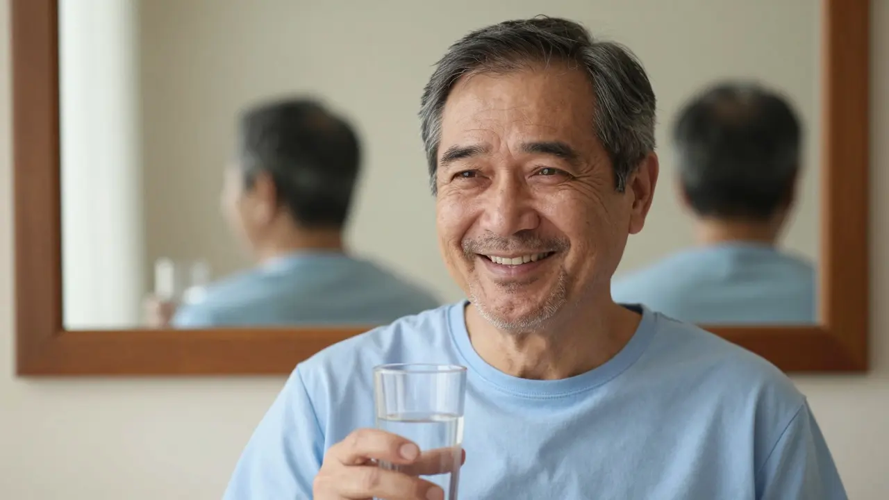 Muž po úspěšné maxilofaciální operaci, který se usmívá a pije vodu s přirozeným výrazem.