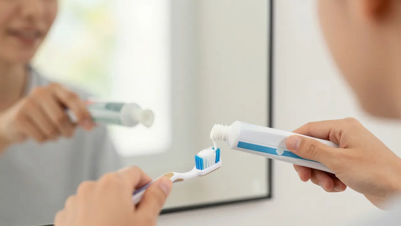 Osoba čistí zuby bělící pastou s mírnými abrazivy pod přírodním světlem