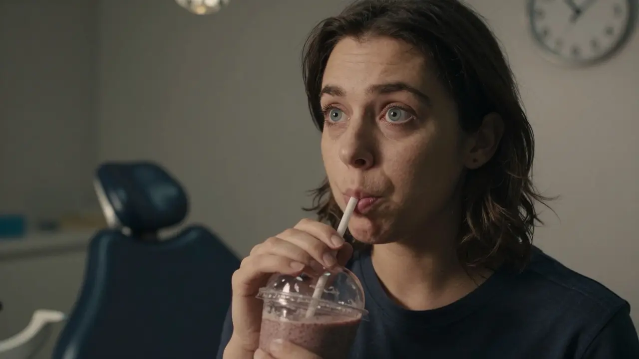 Osoba pije studený smoothie, zatímco její čelist a jazyk zůstávají necítící a opuchlé.