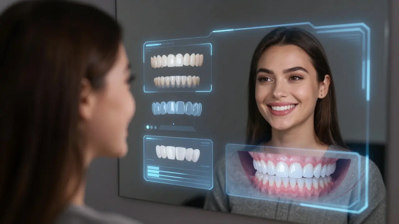 Osoba se dívá do zrcadla s holografickými návrhy úsměvu vedle sebe.