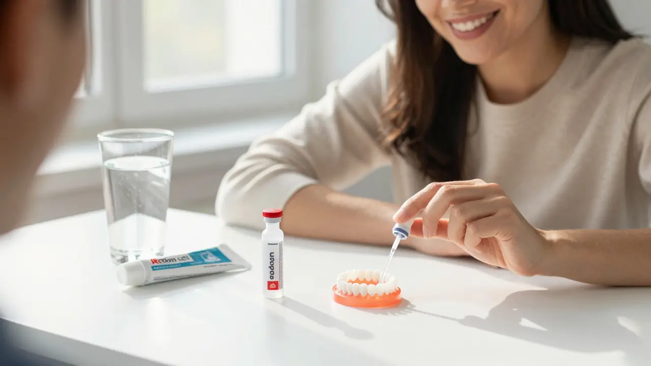 Pacient drží bělící gel Redon a spláchnutí na stole s vodou a zubní pastou.