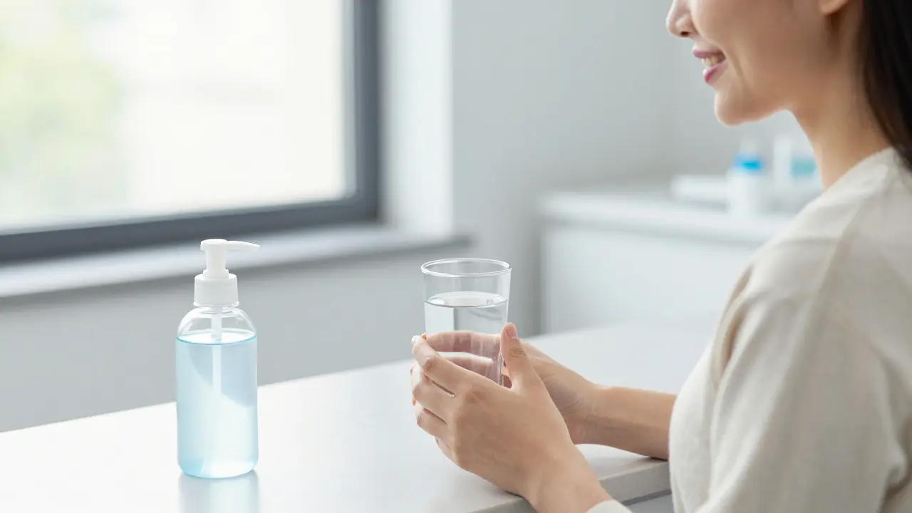 Pacient po kyretáži pije vodu a používá solný výplach k hojení.