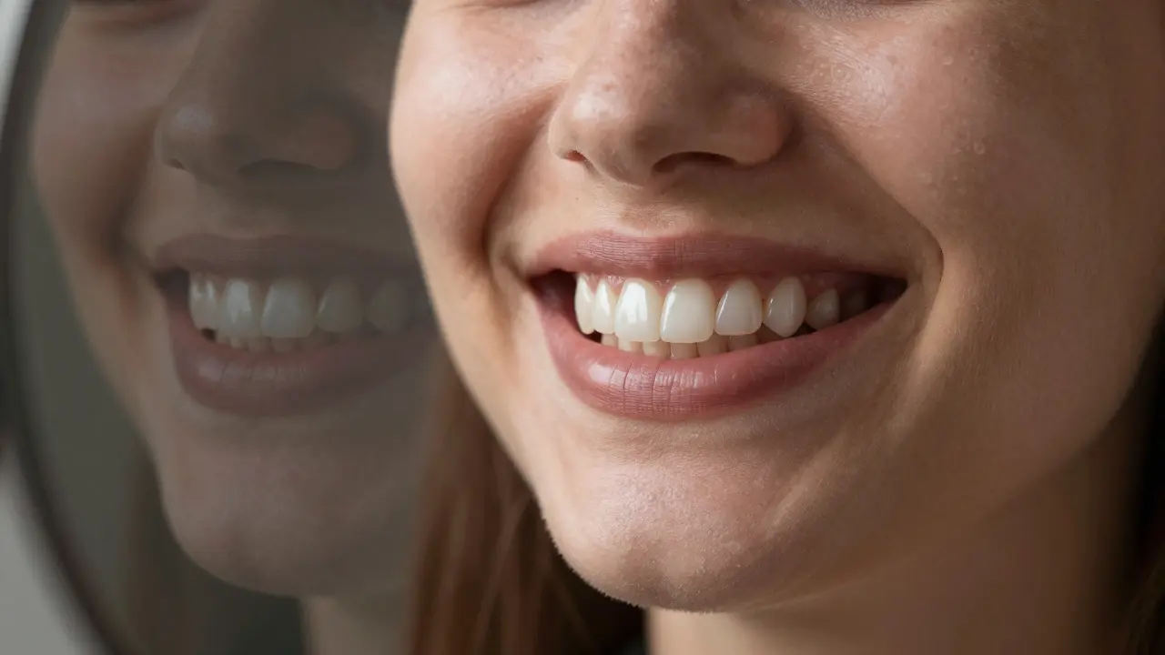 Person smiling with natural-looking composite fillings on front teeth, before-and-after effect visible.