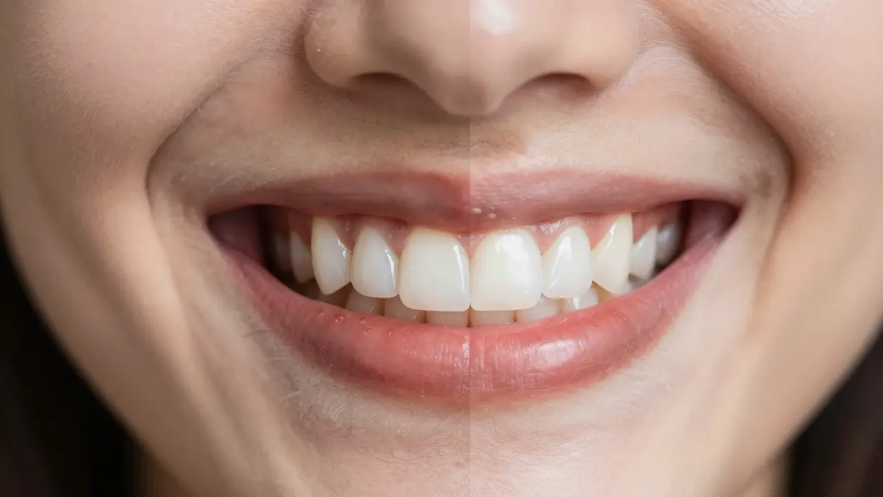 Před a po: poškozený úsměv přeměněn na perfektní, zářivý úsměv s fazetami.