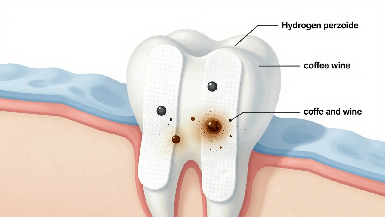 Přehledný náčrt zubu s pronikáním bělicí látky do skloviny.