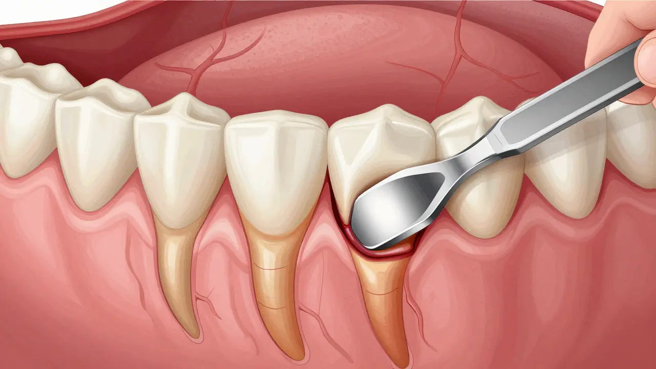 Průřez čelistí ukazující odstranění zubního kamene a infekce pod dásní.