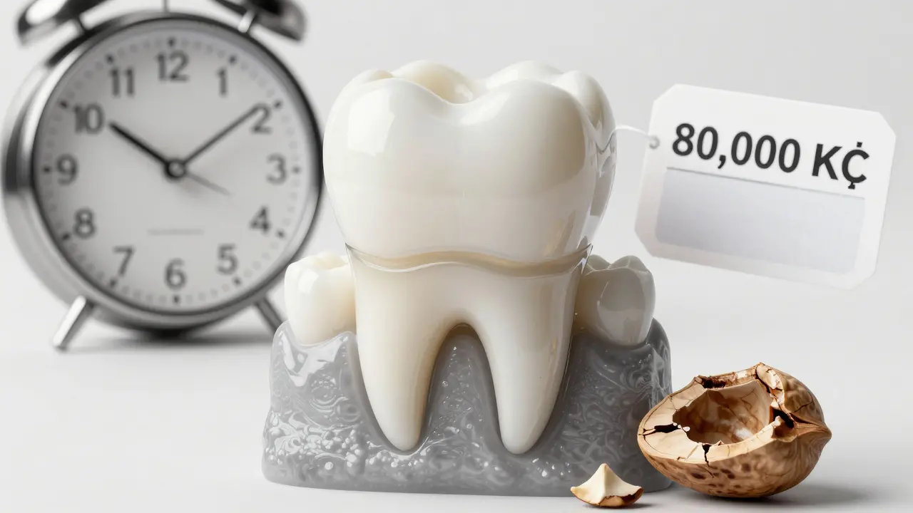 Průřez zubem s vrstvami: původní email, odstraněná část a keramický veneer s rizikovými symboly.