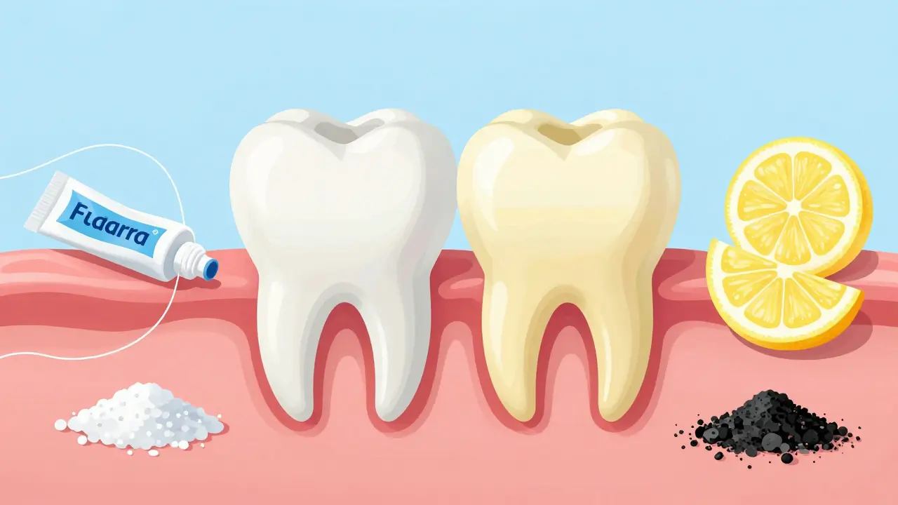 Průřez zubu: zdravý email naproti poškozenému s odhaleným dentinem.