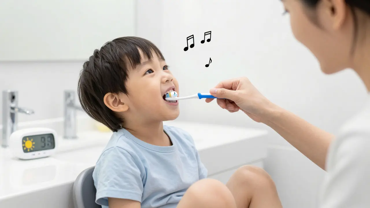 Rodič čistí zuby dítěti pomocí křížové metody v koupelně.