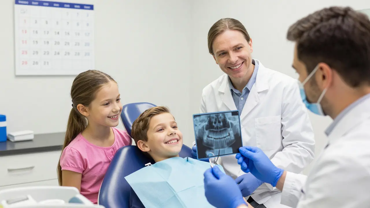 Rodina navštěvuje zubaře, kde si prohlížejí rentgenový snímek zubů.